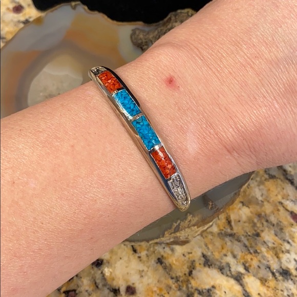 Vintage Jewelry - Southwestern silver w turquoise inlay cuff GUC 6”